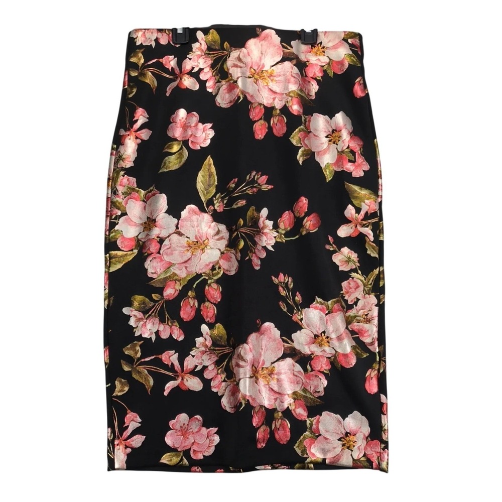 ECI New York Black Metallic Floral Midi Skirt Sz M Stretch Back Slit Romantic